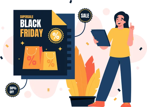In This Dynamic Flat Illustration With A Black Friday Promotion The Shopping Spirit Comes To Life Its A Vibrant Retail Scene Where Shoppers Laden With Bags And Excitement Flock To Stores Showcasing Amazing Discounts With Eye Catching Sale Signs And A Bustling Atmosphere This Illustration Embodies The Essence Of Black Friday Dont Miss Out On The Savings Mark Your Calendar For The Ultimate Shopping Extravaganza Illustration