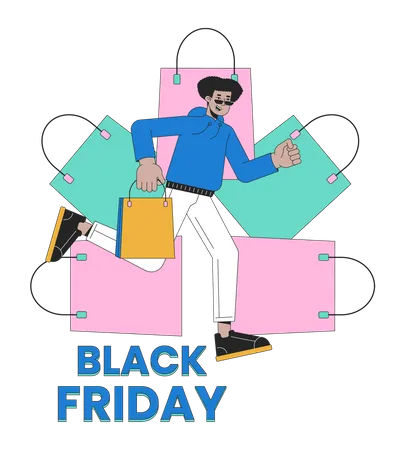 Black Friday Shopping Bags Retail 2 D Linear Illustration Concept Shopper Male Running With Boutique Bag Cartoon Character Isolated On White Weekend Sale Metaphor Abstract Flat Vector Outline Graphic イラスト