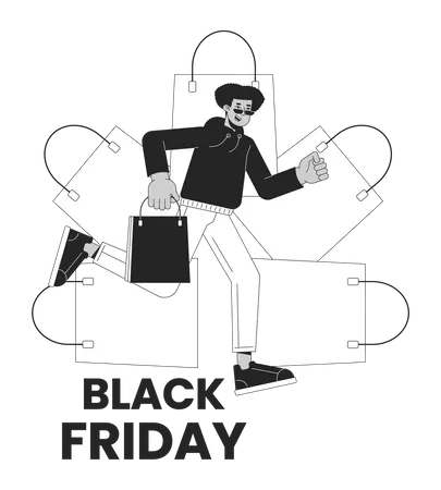 Black Friday Shopping Bags Retail Black And White 2 D Illustration Concept Shopper Male Holding Boutique Bag Cartoon Outline Character Isolated On White Weekend Sale Metaphor Monochrome Vector Art Illustration