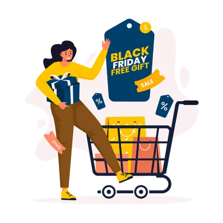Black Friday Shopping Seasonal Sale With A Happy Woman Getting A Gift Illustration Illustration