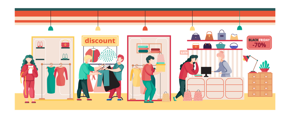 Vente du Black Friday dans un magasin de vêtements  Illustration