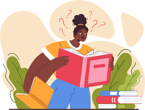 Black girl curiously reading book  Illustration