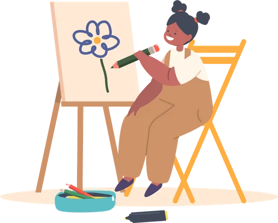 Little Child Painting On Easel Black Girl Character Drawing In Artist Studio Or Art School Workshop Create Pictures On Canvas With Colored Pencils Cartoon People Vector Illustration Illustration