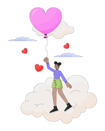 Black girl flying with balloon above cloud  イラスト