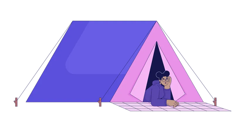 Black girl lying at camping tent  Illustration