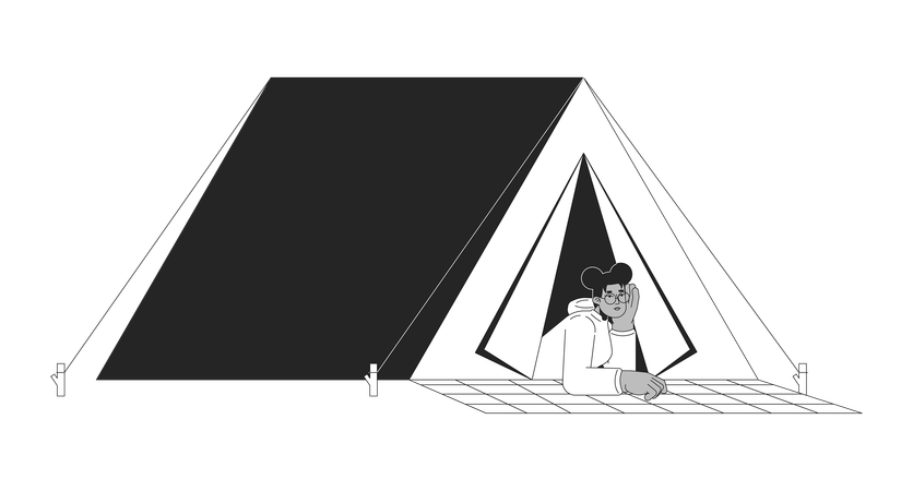 Black girl lying at camping tent  イラスト