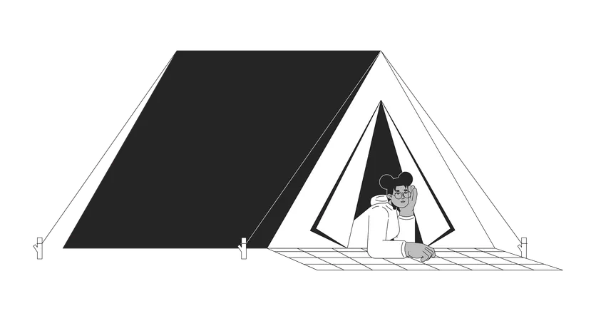 Black Girl Lying At Camping Tent Black And White 2 D Line Cartoon Character African American Female Student Isolated Vector Outline Person Wanderlust Hiker Woman Monochromatic Flat Spot Illustration Illustration