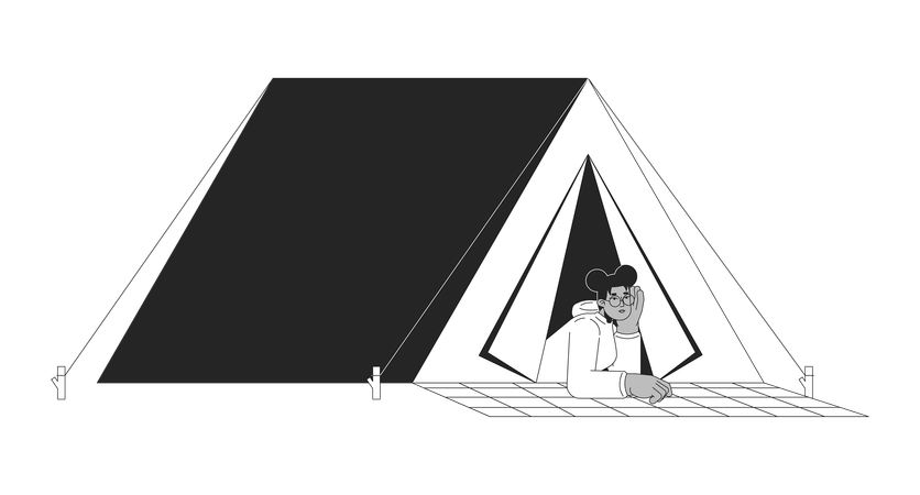 Black girl lying at camping tent  Illustration