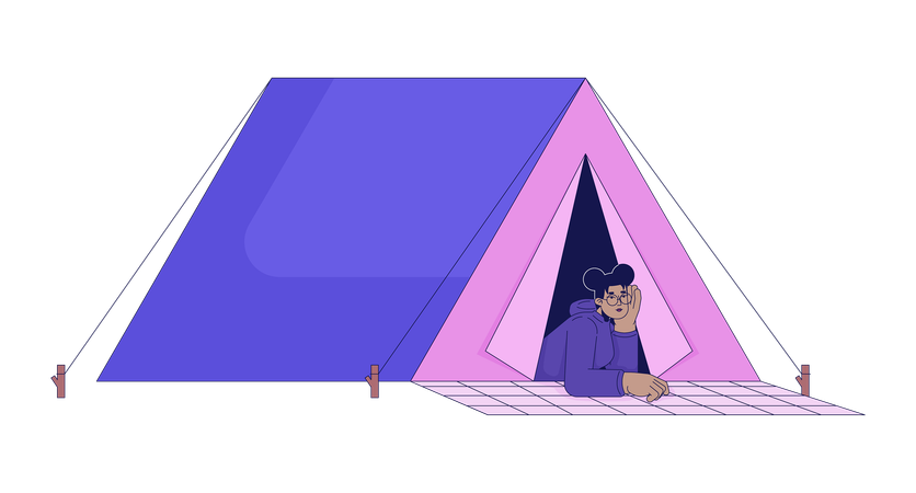 Black girl lying at camping tent  Illustration