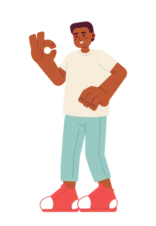 Black Guy Showing Ok Gesture Semi Flat Color Vector Character Happy Young Man Optimistic Male Editable Full Body Person On White Simple Cartoon Spot Illustration For Web Graphic Design Illustration