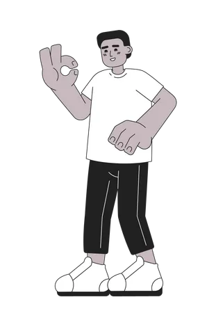 Black Guy Showing Ok Gesture Monochromatic Flat Vector Character Happy Young Man Optimistic Male Editable Thin Line Full Body Person On White Simple Bw Cartoon Spot Image For Web Graphic Design Illustration