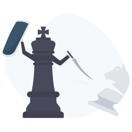 Black king chess piece holding sword and shield attacking knight  Illustration