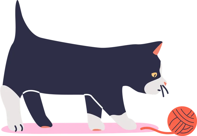 Black kitten play with ball of thread Illustration