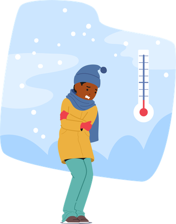 Black Little Boy Character Shivered In The Biting Cold  Illustration