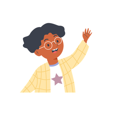 Black little boy wearing glasses and checked yellow jacket wave hello  Illustration