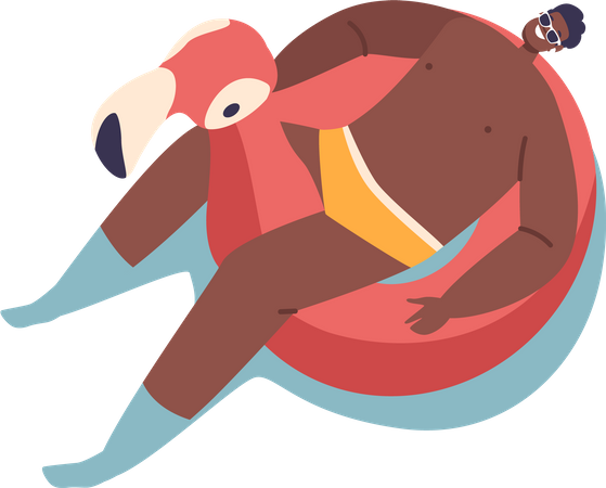 Black Male Floating on Inflatable Ring in Shape of Flamingo  Illustration