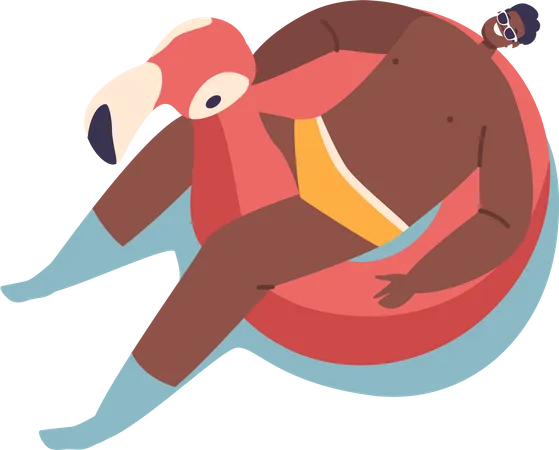 Black Male Floating on Inflatable Ring in Shape of Flamingo  Illustration