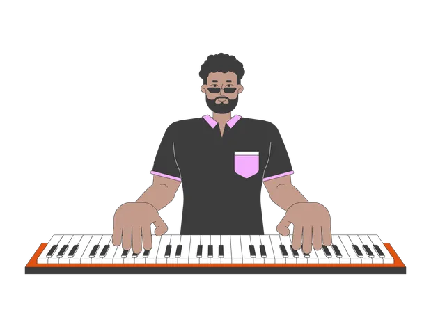 흑인 남성이 피아노를 연주하는 2 D 선형 만화 캐릭터입니다 주요 악기 격리 선 벡터 사람 흰색 배경을 가진 아프리카계 미국인 남성 음악가 뮤지컬 레슨 컬러 플랫 스팟 일러스트 일러스트레이션