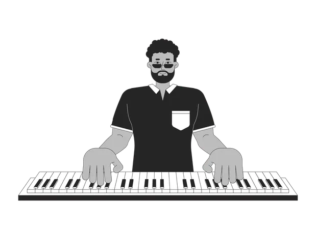 흑인 남성이 피아노 흑백 2 D 라인 만화 캐릭터를 연주합니다 아프리카계 미국인 남성 음악가 주요 악기 격리 벡터 개요 사람 뮤지컬 레슨 단색 플랫 스팟 일러스트 일러스트레이션