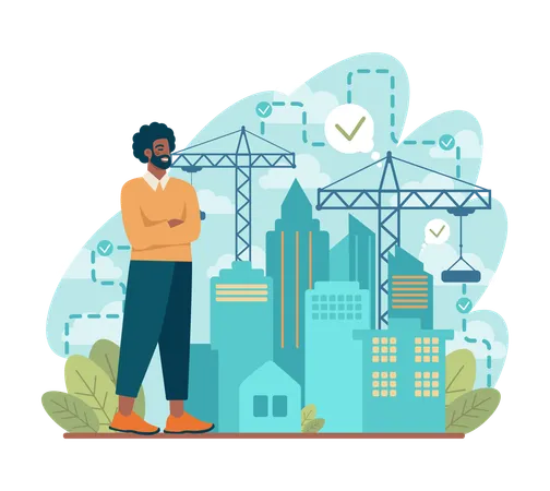 Architect Black Male Character Works On Architectural Project And Construction Plan Scheme Of House Engineer Industry Construction Company Business Flat Vector Illustration イラスト