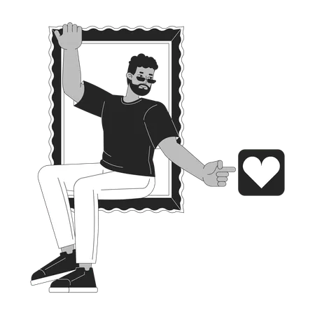 Black Man Clicking Like On Social Media Black And White 2 D Line Cartoon Character African American Guy In Frame Isolated Vector Outline Person Active User Monochromatic Flat Spot Illustration Illustration