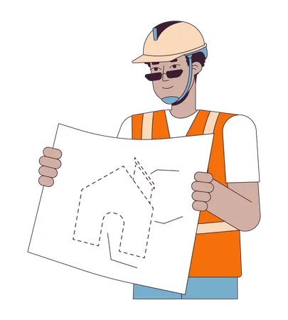 Black Man Contractor With Blueprint 2 D Linear Cartoon Character African American Male House Builder Isolated Line Vector Person White Background New Home Construction Color Flat Spot Illustration Illustration