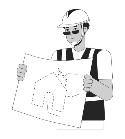 Black man contractor with blueprint  Illustration