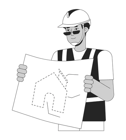 Black Man Contractor With Blueprint Black And White 2 D Line Cartoon Character African American Male Builder Isolated Vector Outline Person New Home Construction Monochromatic Flat Spot Illustration Illustration