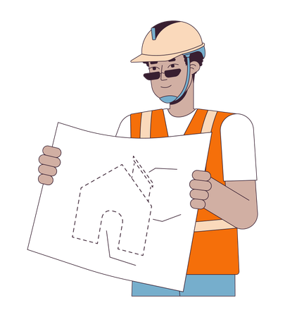 Black man contractor with blueprint  Illustration