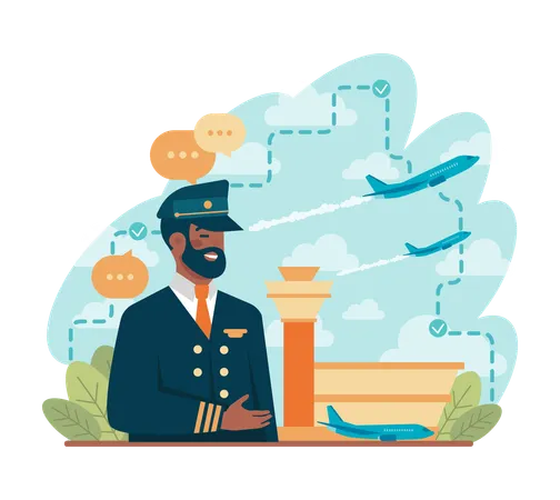 Profession Pilot Of Aircraft Black Man Flying Commercial Airlines Black Female Character In Uniform Standing Near Airport Flat Vector Illustration Illustration