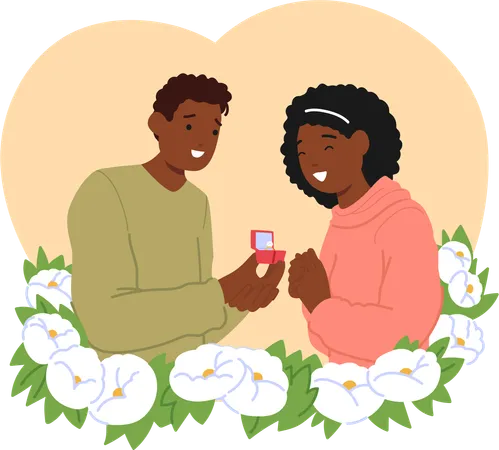 Black Man Tenderly Offers A Radiant Engagement Ring With Trembling Hands To Happy Woman Inside Of Blooming Floral Frame Loving Couple Getting Engaged In Summer Garden Cartoon Vector Illustration Illustration