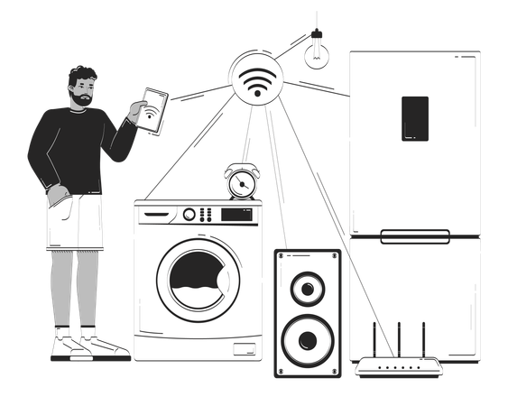 Black man manages smart household appliances via tablet  Illustration