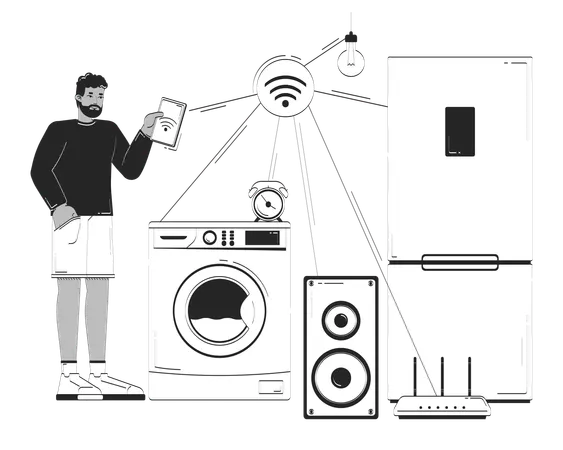 Black man manages smart household appliances via tablet  Illustration