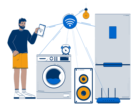 Black man manages smart household appliances via tablet  Illustration