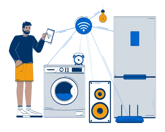 Black man manages smart household appliances via tablet  Illustration