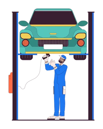 Black Man Mechanic Repairing Car On Elevator Line Cartoon Flat Illustration African American Technician 2 D Lineart Character Isolated On White Background Auto Service Scene Vector Color Image Illustration