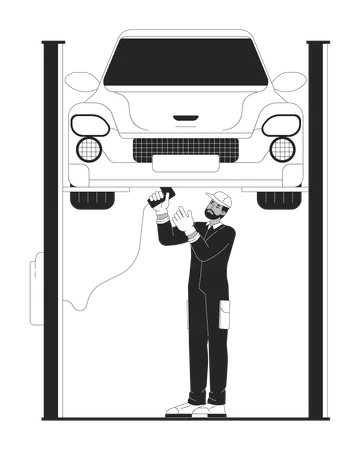 Black Man Mechanic Repairing Car On Elevator Black And White Cartoon Flat Illustration African American Technician 2 D Lineart Character Isolated Auto Service Monochrome Scene Vector Outline Image Illustration