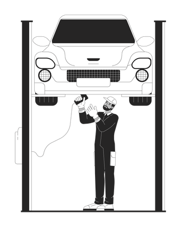 Black man mechanic repairing car on elevator  Illustration