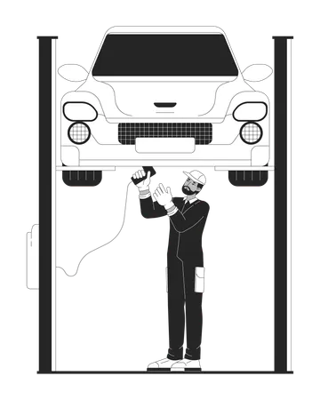 Black man mechanic repairing car on elevator  Illustration