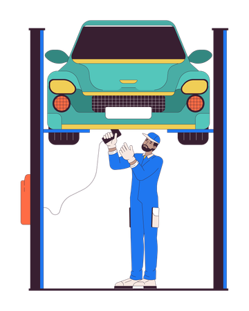 Black man mechanic repairing car on elevator  Illustration