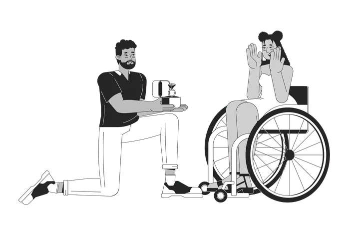 흑인 남성이 장애가 있는 히스패닉 여성에게 흑백 2 D 라인 만화 캐릭터를 제안합니다 다양한 커플 참여 격리 벡터 개요 사람들 사랑 단색 플랫 스팟 일러스트 일러스트레이션