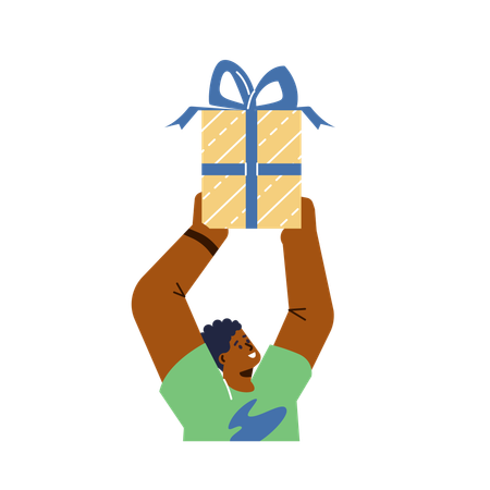 Black man raising hands holding gift box with bow  Illustration
