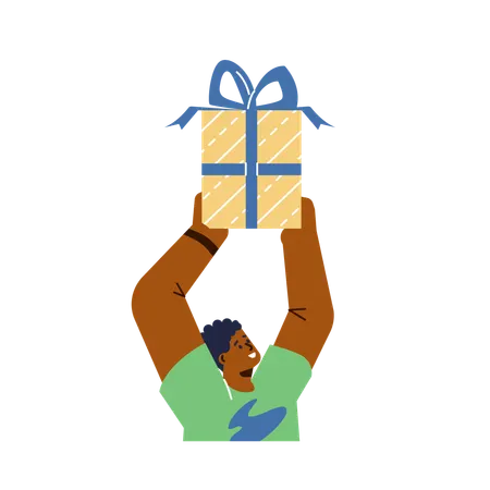 Black man raising hands holding gift box with bow  Illustration