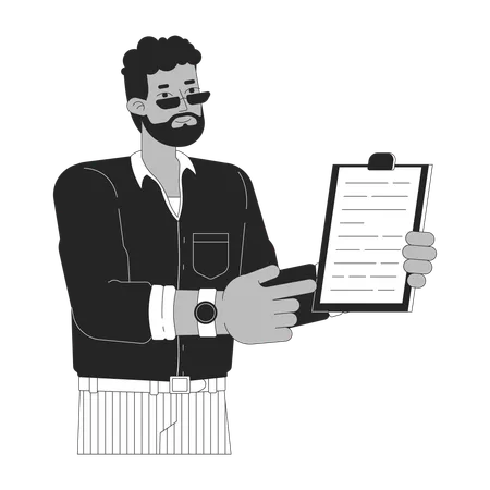 Black Man Showing Clipboard Black And White 2 D Line Cartoon Character African American Male Holding Clip Board Isolated Vector Outline Person Inspector Business Monochromatic Flat Spot Illustration Illustration