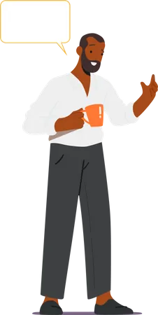 Black Man Stand with Cup and Speech Bubble Illustration