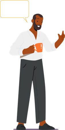 Black Man Stand with Cup and Speech Bubble  Illustration