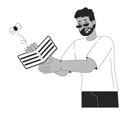 Black Man With Financial Problems Black And White Cartoon Flat Illustration Stressed Black Male Holding Empty Wallet 2 D Lineart Character Isolated Unemployment Monochrome Scene Vector Outline Image Illustration