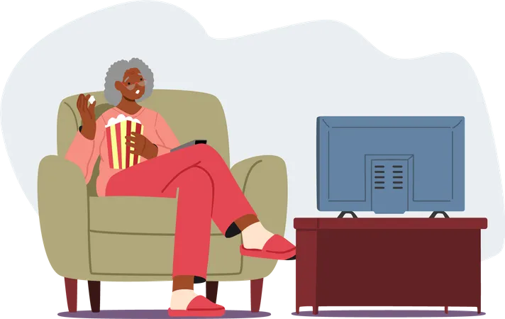 Black Senior Woman eating popcorn with Watching Tv  Illustration