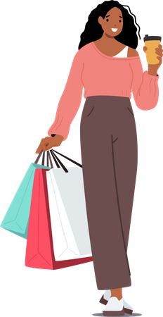Black Shopaholic Girl with Coffee Cup and Purchases in Bags  Illustration