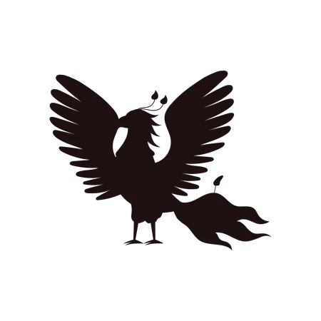 羽ばたくフェニックスの黒いシルエット、フラットスタイル、白い背景に隔離されたベクターイラスト。神話上の生き物、巨大な火の鳥、装飾的なデザイン要素 イラスト